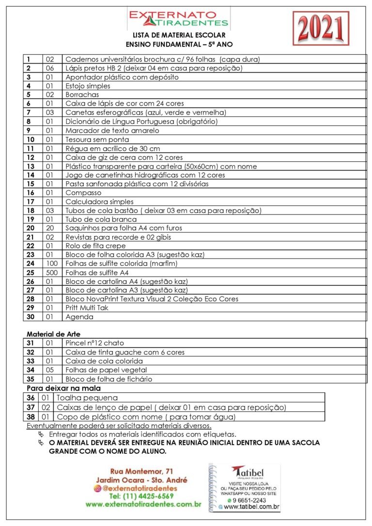 Lista de Material 2021 - Externato Tiradentes